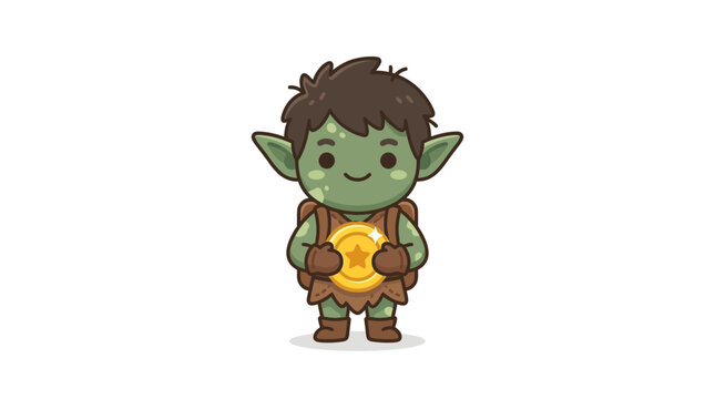 A cute cartoon goblin character holding a shiny gold coin.