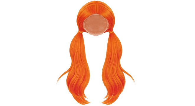 Bright orange hair wig with two long pigtails, styled with a center part and smooth texture, isolated on a solid black background