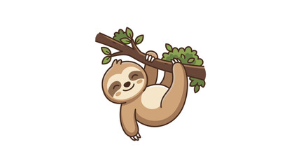 Fototapeta premium A cute cartoon sloth hanging from a tree branch with a happy expression.