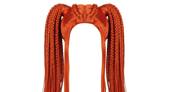 Bright orange hair wig featuring long braided pigtails and intricate cornrow patterns on the crown, isolated on a solid black background