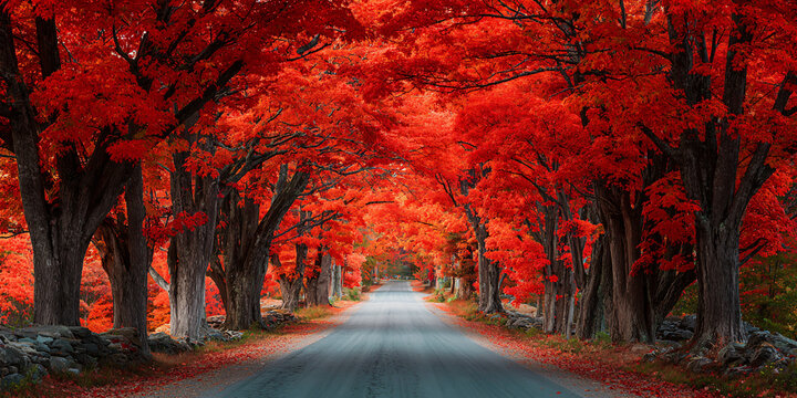 Straight Road Flanked by Brilliant Red Autumn Maple Trees