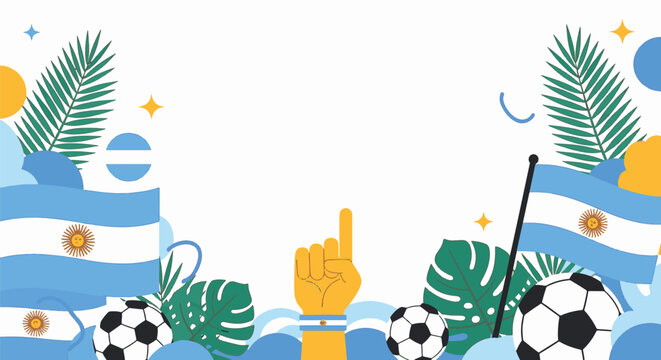 Flat vector banner for Argentina soccer fans featuring national flags, soccer balls, trophy-style foam finger, tropical monstera and palm leaves on white background with copy space.