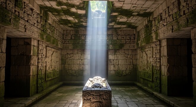 Sunbeam illuminating a stone sarcophagus inside an ancient temple