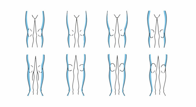 Medical vector illustration depicting various male leg shape classifications including straight, bow legs, knock knees, and different muscular definitions on a white background.
