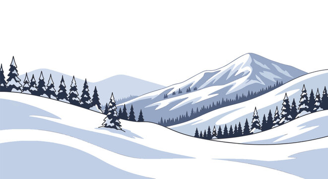 Flat vector illustration of a winter mountain landscape featuring snow-capped peaks, rolling hills, and rows of evergreen pine trees under a white sky background.
