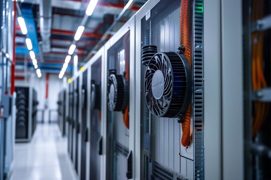 High capacity industrial cooling unit attached to server racks, modern infrastructure concept.