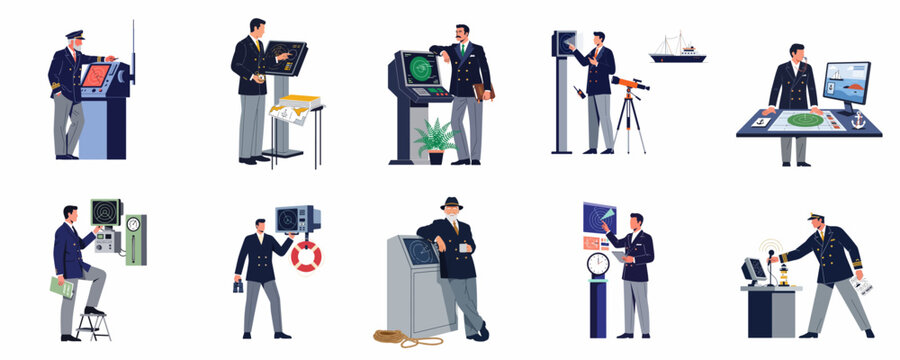 Collection of flat illustrations depicting naval captains and officers using various maritime navigation tools, radar systems, and nautical charts in ship control settings.