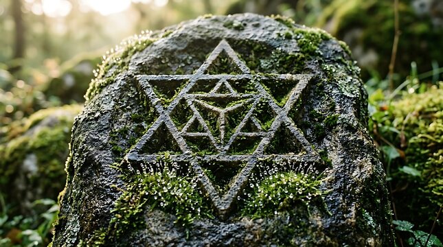 Mystical star symbol engraved on an ancient mossy stone in a forest