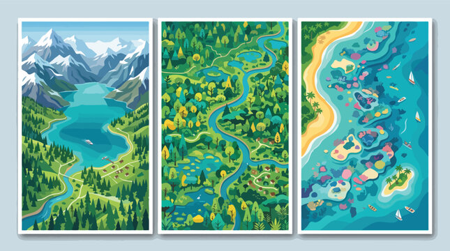 Three artistic vertical panels featuring vibrant landscape illustrations of majestic snowy mountains lush green forests with winding rivers and tropical coastal beaches with colorful coral reefs