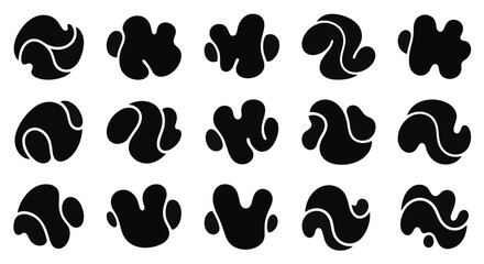 Fototapeta premium Set of fifteen black abstract organic shapes and fluid blots isolated on white background. Minimalist silhouettes with rounded edges for graphic design, logo icons, and branding.