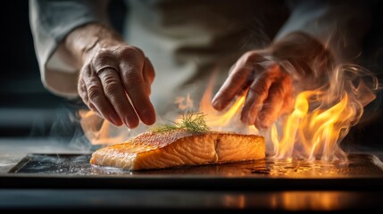 Chef skillfully garnishing freshly seared salmon fillet with herbs while flames flicker in the background, capturing culinary artistry in modern kitchen setting © วรรณภา มะโนศรี