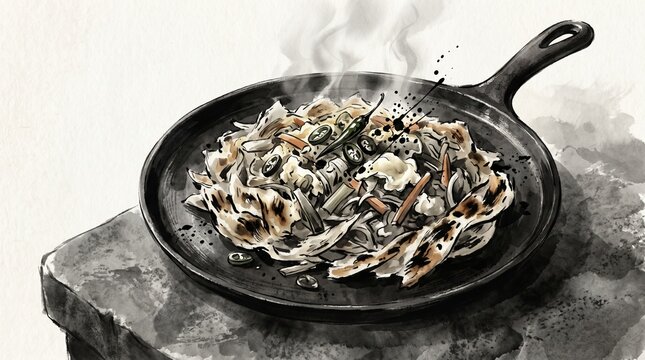 Ink Wash Editorial Art Style Sri Lankan Kottu Roti Shredded Bread Dark Iron