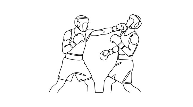 Continuous line drawing of two boxers fighting, one landing a punch, dynamic sports illustration