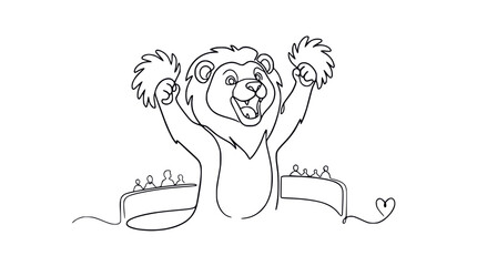 Excited lion mascot cheering with pom-poms, celebrating victory with audience