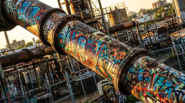 Graffiti on rusty industrial pipe in an urban landscape at sunset