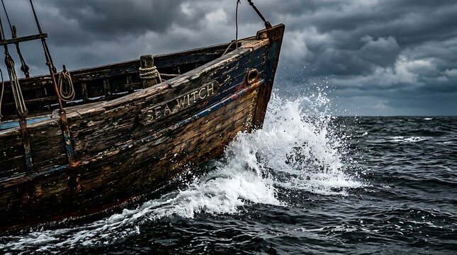 Old wooden ship bow cutting through rough ocean waves in a storm
