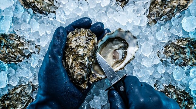 Hands in blue gloves shucking a fresh oyster on crushed ice