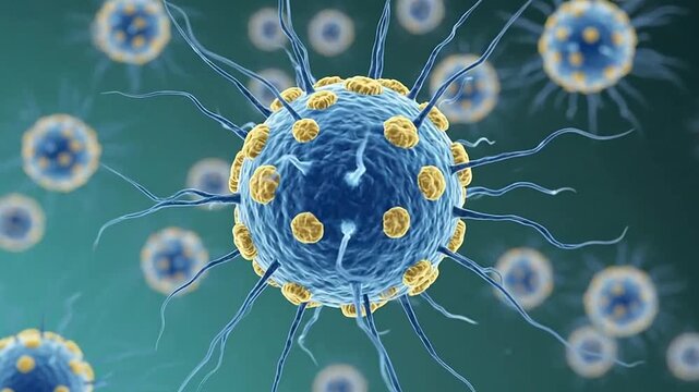Microscopic viral cells in blue and yellow hues.