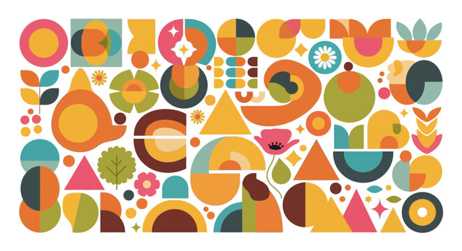 Retro geometric pattern with abstract shapes, flowers and leaves