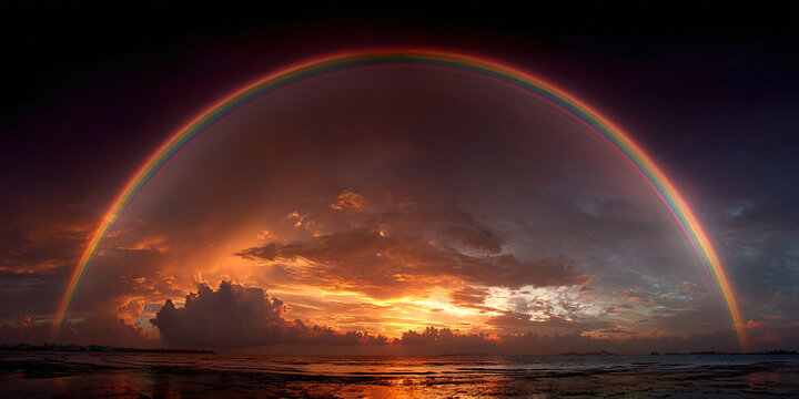 Double Rainbow over Ocean at Colorful Dramatic Sunset