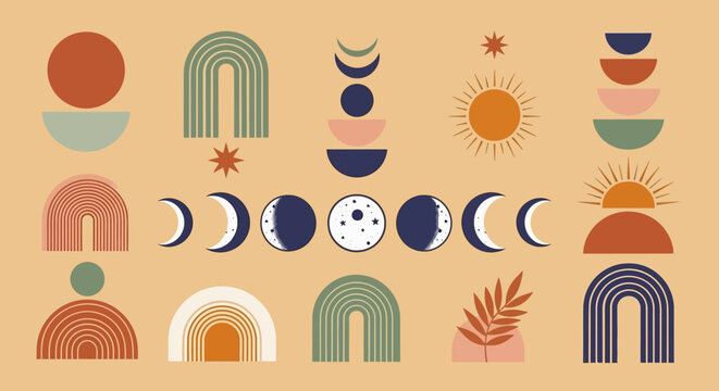 Boho Celestial Elements: Sun, Moon Phases, Rainbows, Shapes