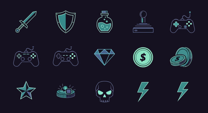 Retro Pixel Art Game Icons: Sword, Shield, Potion, Controller, Coin