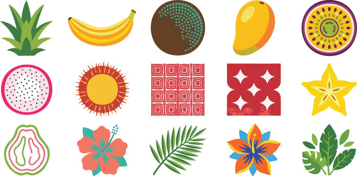 Tropical fruit vector icon set containing flat exotic flora botanical leaves and seamless pattern graphics