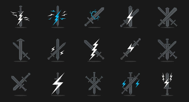 Fantasy Sword Icons with Electric Lightning Strikes