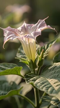 Elegant trumpet flower blooming in soft golden hour sunlight