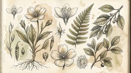 Fototapeta premium Vintage botanical sketchbook page with hand drawn flowers and leaves