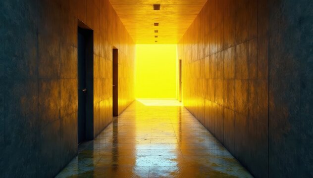 Narrow hallway leads to endless void with yellow abstracted pattern on floor, yellow pattern, labyrinthine space, isolated atmosphere