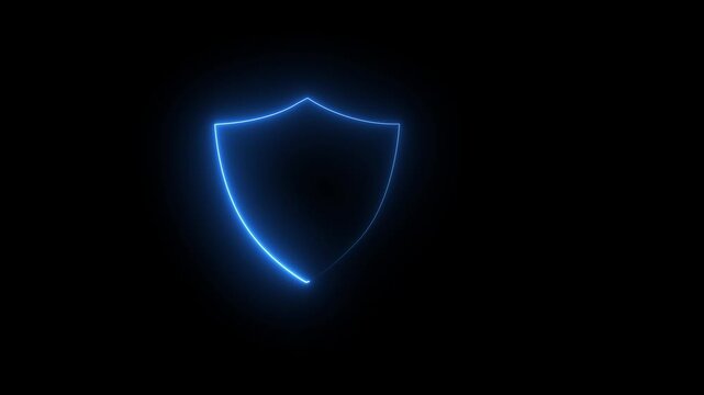 symbolizing security and protection icon animation with neon line. A glowing blue neon shield icon  animation on black background