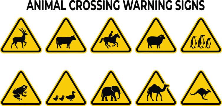 Yellow Animal Crossing Warning Signs Set With Ten Wildlife Triangle Icons
