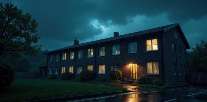 School building looms in the darkness of a stormy night, rain-soaked windows glowing softly, gloomy, dark, rainy night