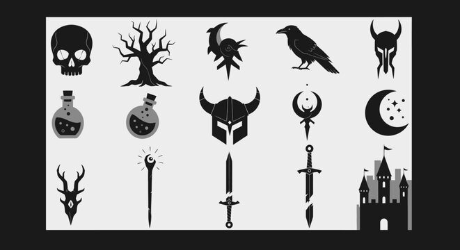Fantasy Icons Set: Skull, Tree, Raven, Moon, Sword, Castle