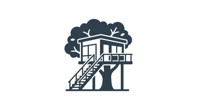 A minimalist black and white icon of a modern treehouse with stairs.