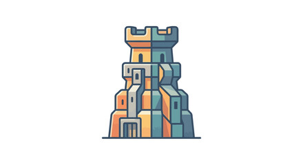 A stylized vector illustration of a symmetrical castle tower with split orange and blue color scheme. © Afi