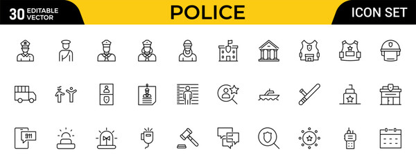 Police Line Icon Set for Law Enforcement, Public Safety, Crime Prevention, Security Services and Emergency Response Outline Vector Collection © Iconfly