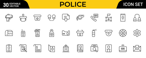 Police Line Icon Set for Law Enforcement, Public Safety, Crime Prevention, Security Services and Emergency Response Outline Vector Collection © Iconfly