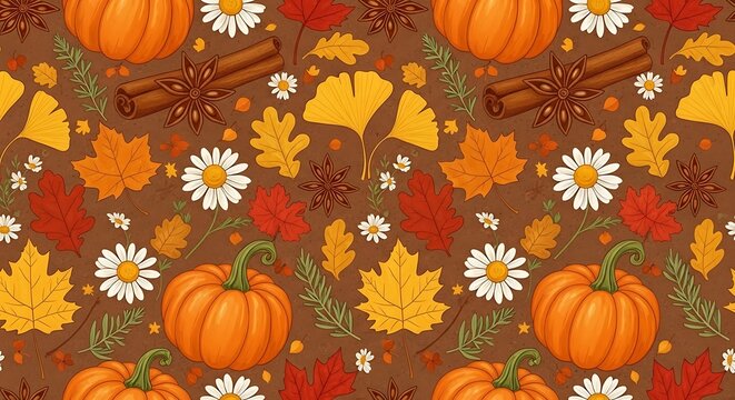 Cozy autumn seamless pattern with pumpkins fall leaves and spices