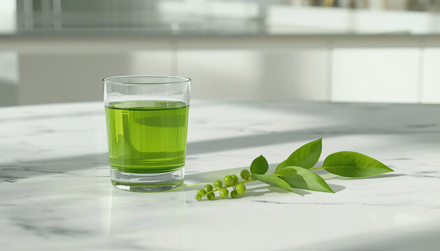 Fresh heart leaved moonseed green juice shot in a glass cup beside raw botanical stem and green berries on a marble surface.