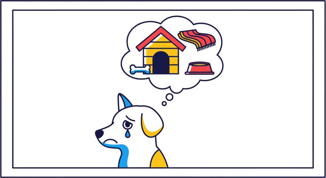 Sad dog thinking about home, food, and comfort