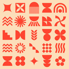 Obraz premium Set of abstract geometric shapeswith bold symbols minimal flat icons with sun, flower, wave, zigzag, arch symbols and decorative modern patterns in red and beige