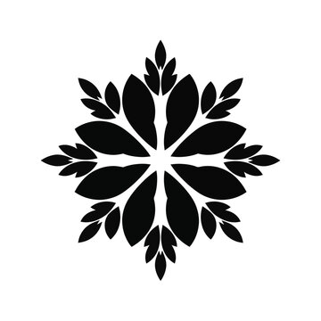 Symmetrical black abstract floral motif icon on white background. Hexagonal geometric pattern with leaf-like shapes and petal silhouettes. Minimalist vector-style illustration of stylized blossom.