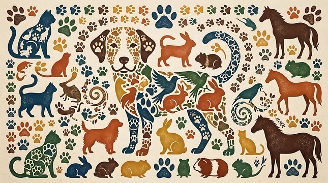 Colorful pattern of domestic animals and paw prints in rustic style