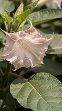 Large white trumpet flower blooming in a lush green garden
