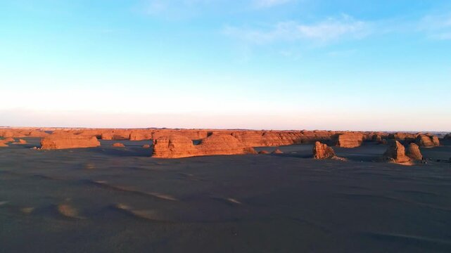 Aerial Yardang Mountain Peaks Landform at Sunset Qinghai China