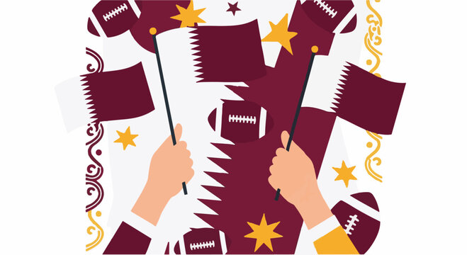 Vector illustration featuring hands holding the national flag of Qatar surrounded by American footballs, yellow stars, and decorative motifs for sports celebration events.