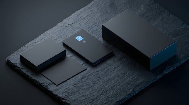 Modern black smartphone on dark textured stone surface.