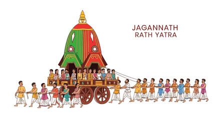 Obraz premium Happy Rath Yatra festival procession with devotees pulling a decorated chariot in a vibrant celebration